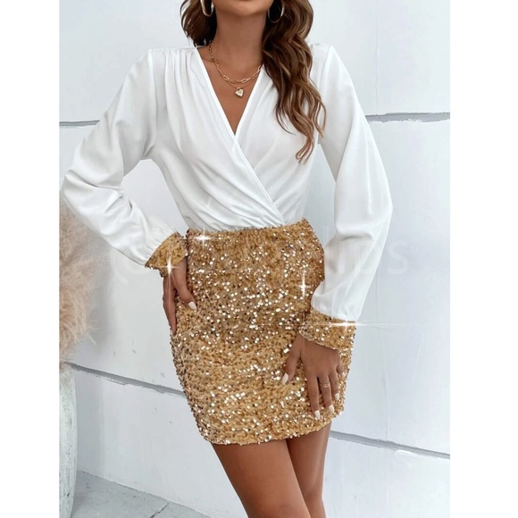 2 in 1 Party Dress White Top Sewn Together with Gold Sequin Skirt Mini - Picture 2 of 15